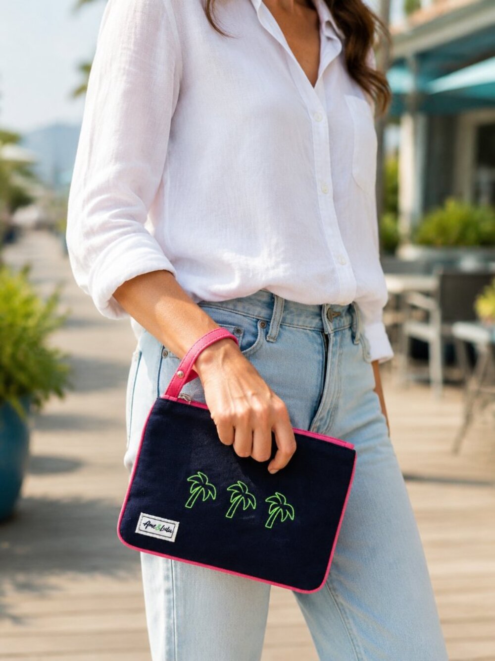 Palm Trees Wristlet Ame & Lulu NWT Navy Pink Piping Canvas Clutch Pouch NEW